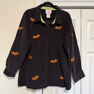Quacker Factory Black Corduroy Button Down Long Slv Embroidered Pumpkin Size 2X
